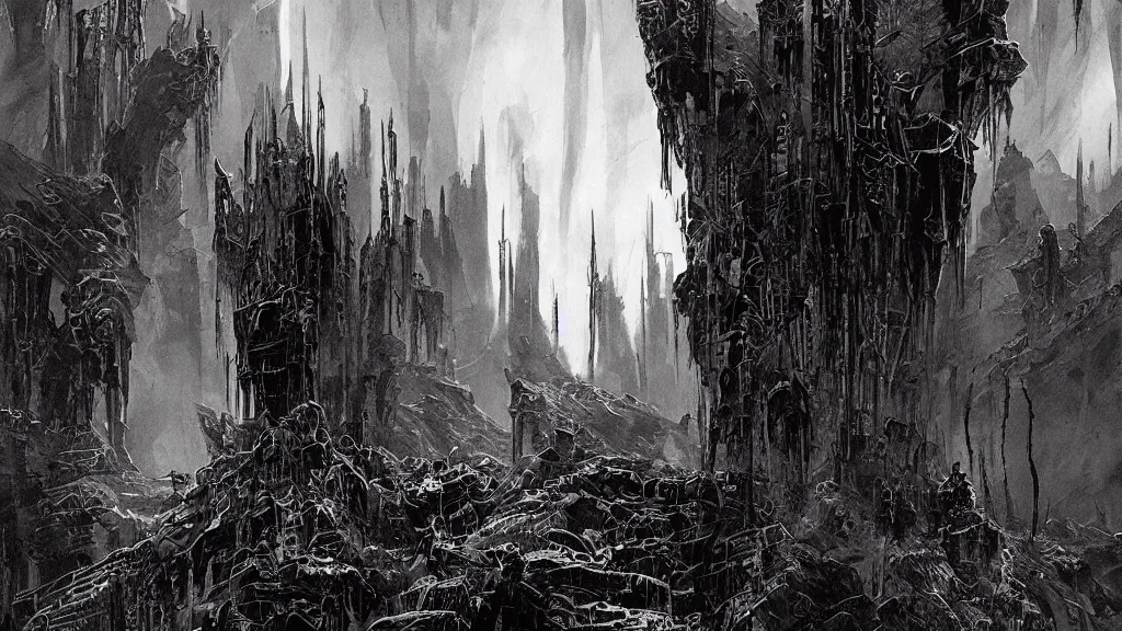 Prompt: post apocalypse remnants of civilization, eerie atmospheric, by tsutomu nihei, gerald brom and vincent di fate, epic cinematic matte painting