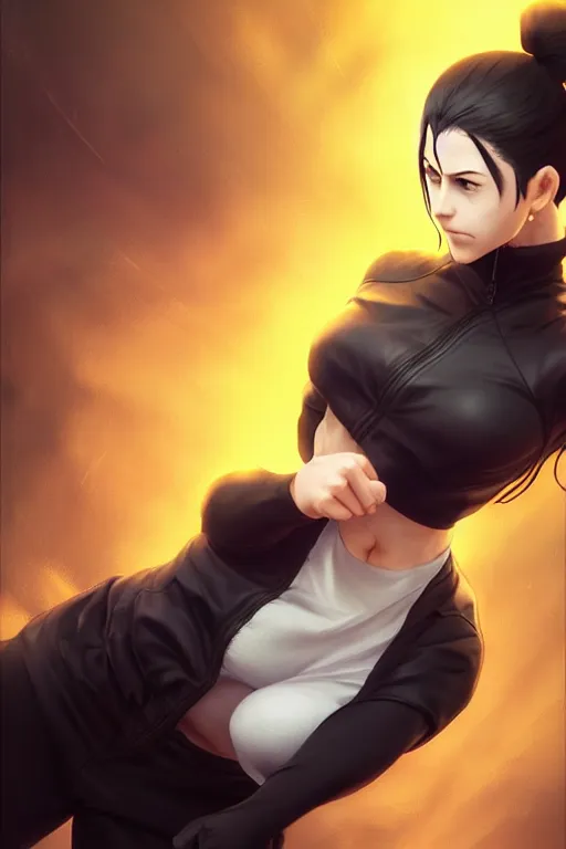 Image similar to black ponytail hair, pale woman in a black zipper jacket, yellow eyes, by artgerm, hair tied in a ponytail, black backdrop, masterpiece, beautiful render, matte painting, realistic, fighting pose, dynamic angle, by greg rutkowski makoto shinkai takashi takeuchi