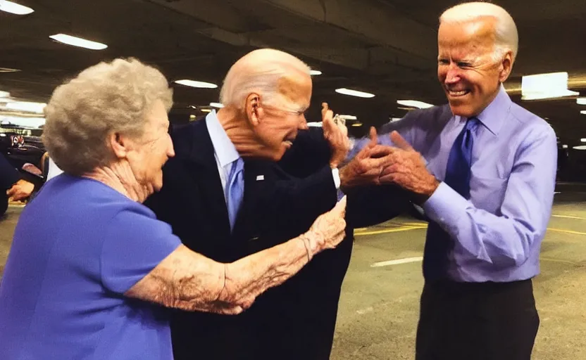 Prompt: low quality footage of joe biden slapping my grandma in the face, back camera, walmart parking lot, camera flash is so bright, uncomfortable, viral, leaked footage, viral on twitter, viral on instagram, viral photo