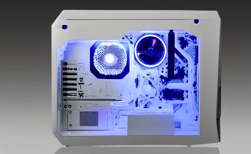 Prompt: futuristic gaming pc with white lighting and a white case, hd photograph, highly detailed, intricate