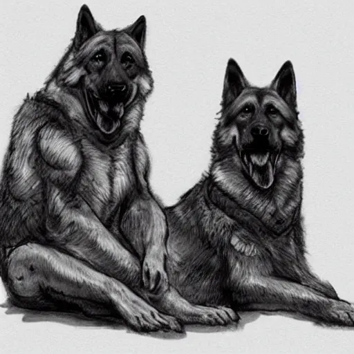 Image similar to two humanoid german shepherds beast - men, sitting on a couch and hugging together, artstation, concept art, smooth, sharp foccus ilustration, artstation