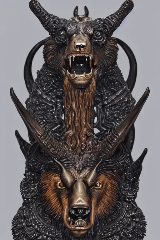 Image similar to sideview waist up portrait of bear baphomet made with porcelain by jeff easley and peter elson, beautiful eyes and face, symmetry face, galaxy, gothic, surreal, dread, highly detailed, intricate complexity, epic composition, magical atmosphere, masterpiece, award winning, trending on artstation