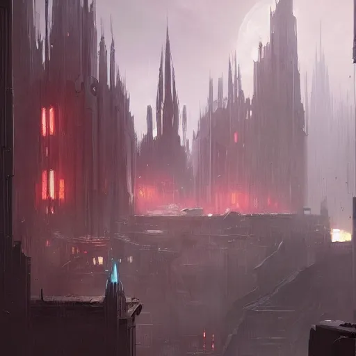 Image similar to star wars concept art by greg rutkowski, a palatial metropolis, elegant, neo - gothic architecture, dark, reddish cinematic lighting, haunting atmosphere, artstation hq.