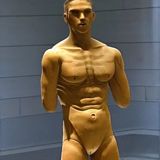 Image similar to “a realistic detailed photo of a guy who is an attractive humanoid who is half robot and half humanoid, who is a male android, Oklahoma Stare University college wrestler Daton Fix, shiny skin, posing like a statue, blank stare, at the museum, on display”