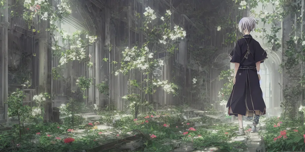 Prompt: anime kyoto animation key by greg rutkowski, perfectly detailed android hakama techwear in abandoned chapel with overgrown flowers and plants