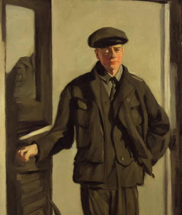 Image similar to a very detailed portrait of a man, wearing an open military jacket, front view, in the style of edward hopper and oswald hornby joseph birley and susan ryder, very small brushstrokes, 4 k,