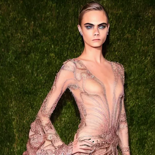Prompt: Super model Cara delevingne wearing a gown made of flowing plasma ultra high quality extremely intricacies in the level of detail photorealism 8k very beautifully designed style of Damien Gilley