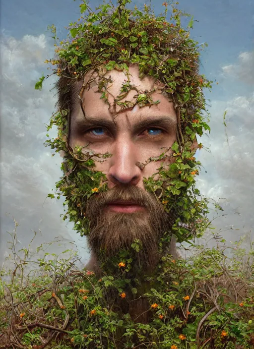 Prompt: a man with a flowery bush instead of a head, intricate roots, highly detailed, concept art, hyperrealistic, oil painting by greg staples, 8 k