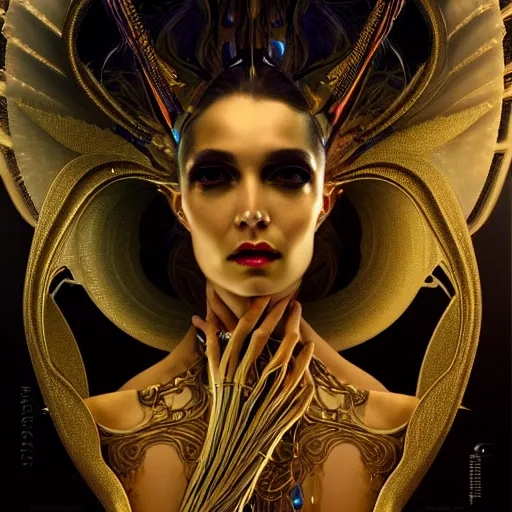 Prompt: extremely psychedelic beautiful cyborg queen of lsd infected by night. intricate, elegant, highly detailed, extremely lifelike photorealistic digital painting, artstation. steichen, gaston bussiere, tom bagshaw, cyberpunk alphonse mucha. elegant minimalism. anatomically correct. sultry murderous rage. sharp focus. gold and black. lifelike