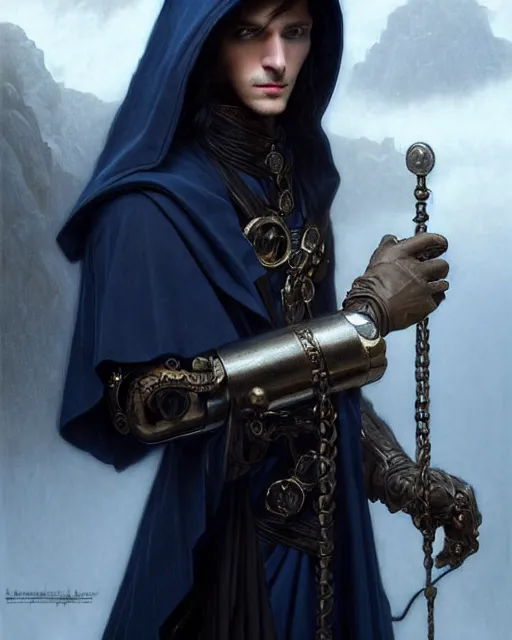 Prompt: handsome male using a mechanical astrolabe device, long black hair blue eyes wearing cloth mantle gothic navy cloak with leather details, cliffside town, fantasy character portrait, ultrarealistic, intricate details, elegant, cinematic lighting, highly detailed, artstation, cgsociety, sharp focus, beautiful digital painting by artgerm, gerald brom, wlop, alphonse mucha