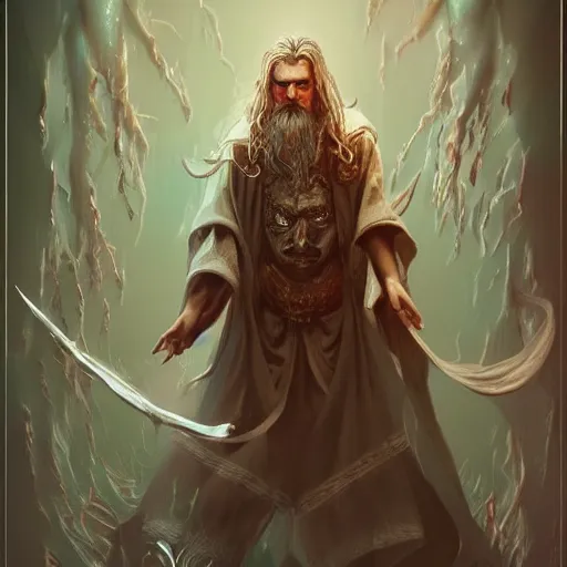Image similar to hyper detailed surreal full body portrait of an ancient wizard with flowing robe floating in the air in an epic magic blast action pose, artstation, pinterest, concept art