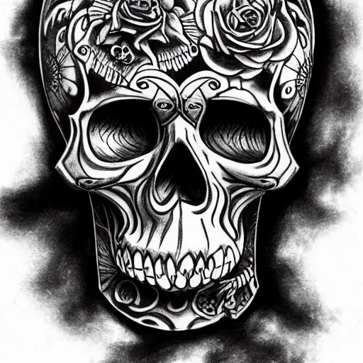 Image similar to highly detailed skull, Japanese style, tattoo ink sketch, isolated on white background