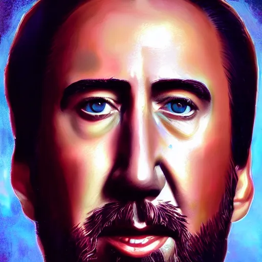 Image similar to Portrait of a Nic Cage , art by Albert Bierstadt and James Gurney, highly detailed, digital painting, matte painting, concept art, illustration, oppressive lighting, trending on artstation, very detailed