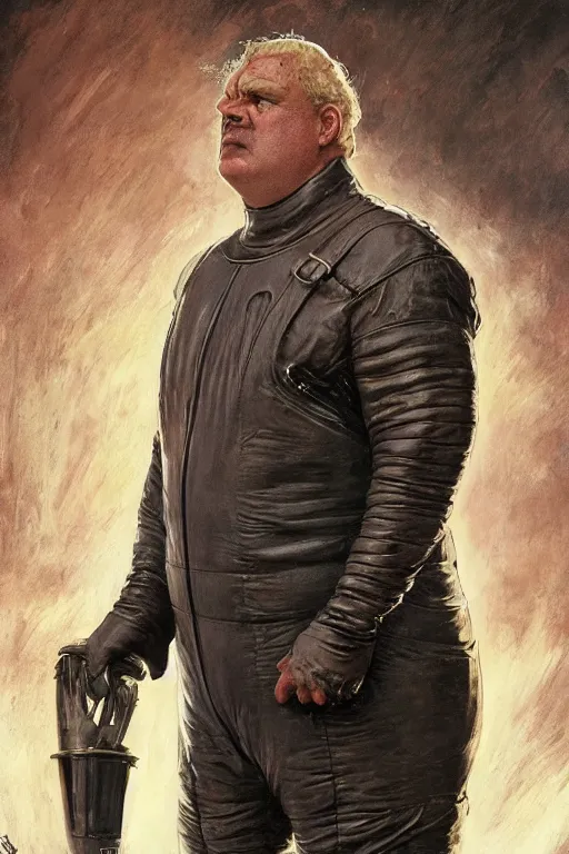 Prompt: upper body portrait of josh brolin as baron harkonnen, wearing old leather spacesuit, dystopian science fiction, dark, horror, illustration by norman rockwell, hans baluschek, artstation character art, john william waterhouse, concept art, greg rutkowski