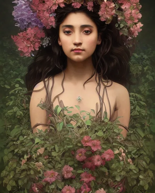 Image similar to 3 / 4 portrait, young male spring god, brown skin, dark hair, dress made of flowers and vines, beautiful, flowers, detailed field background, jewelry, artstation, artgerm, eerie, alphonse mucha, william bouguereau, rossdraws, greg rutkowski, super detailed, illustration, realistic, octane render, sharp focus, cinematic, 8 k