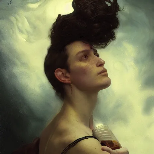 Image similar to highly detailed oil painting | very intricate | cinematic lighting | award - winning | alcoholism as a person | by roberto ferri, by tom bagshaw, by j. c. leyendecker and klimt, american romanticism, by austin osman spare, artstation, cgsociety, official art, octane