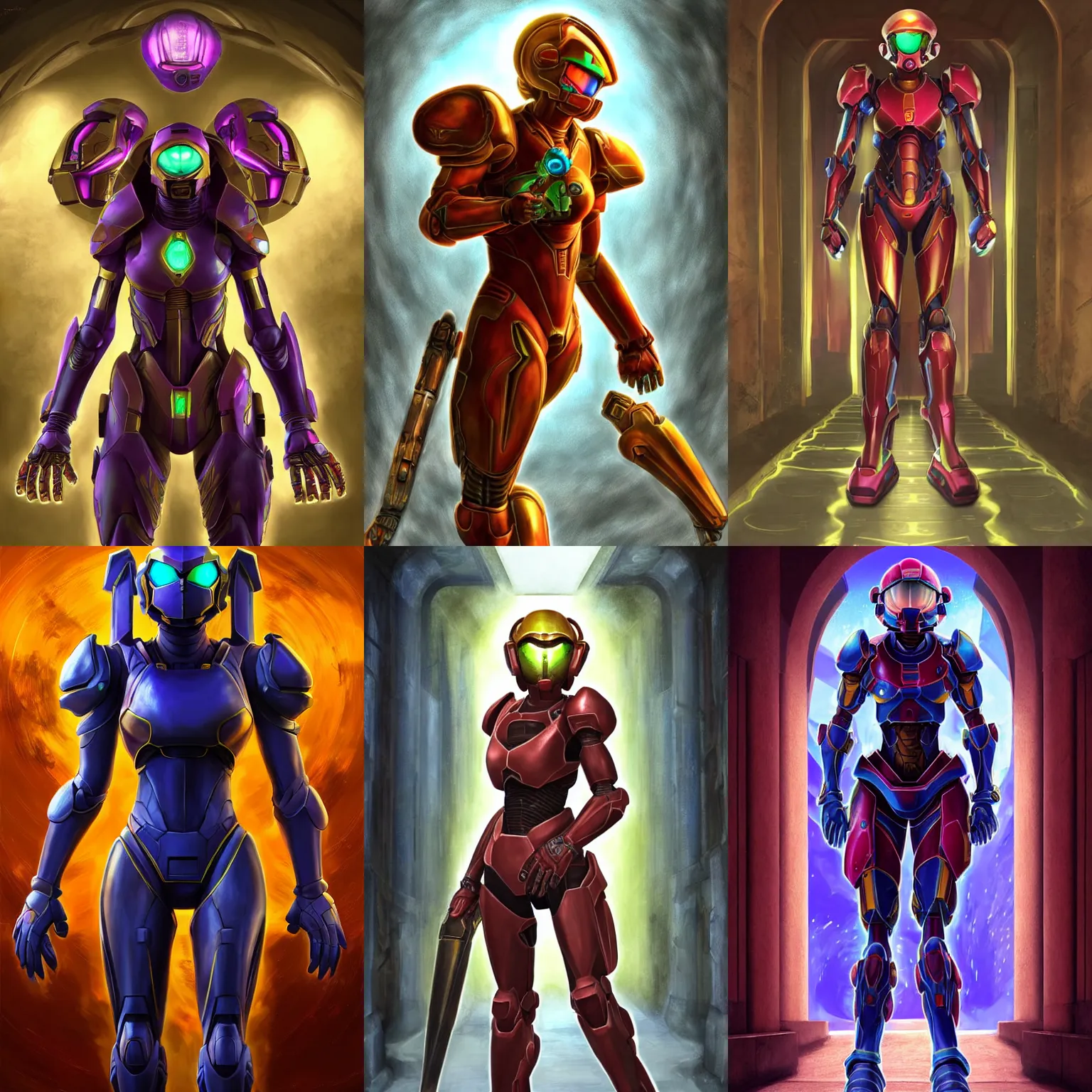 Prompt: character portrait of samus aran from metroid wearing combination halo armor and varia suit walking through an ancient temple hallway, 8 k, realistic shading, symmetrical face details, digital painting, matte painting, concept art, illustration, halo infinite, good value control, vibrant colors, john singer sargent