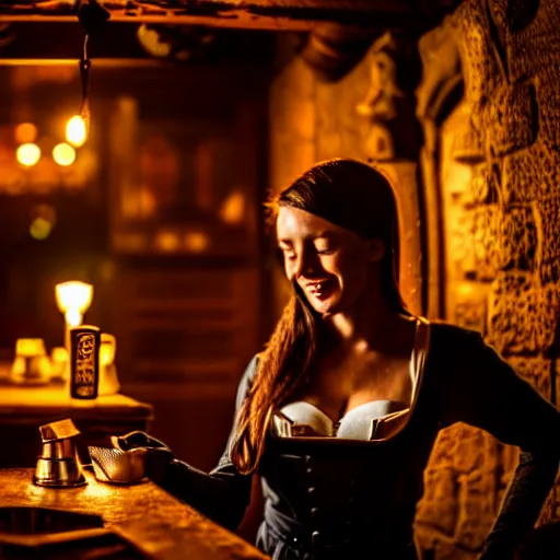 Prompt: attractive bar maid in a medieval tavern at night, cinematic, filmic