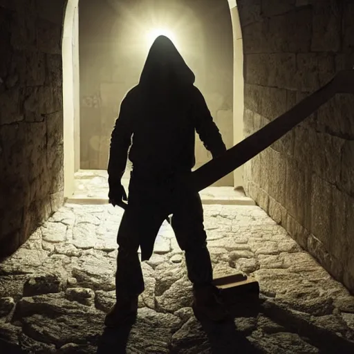 Image similar to award winning cinematic still of 40 year old Mediterannean skinned man building a wall in Jerusalem, holding a sword and a chisel, dramatic lighting, strong shadows, directed by Steven Spielberg