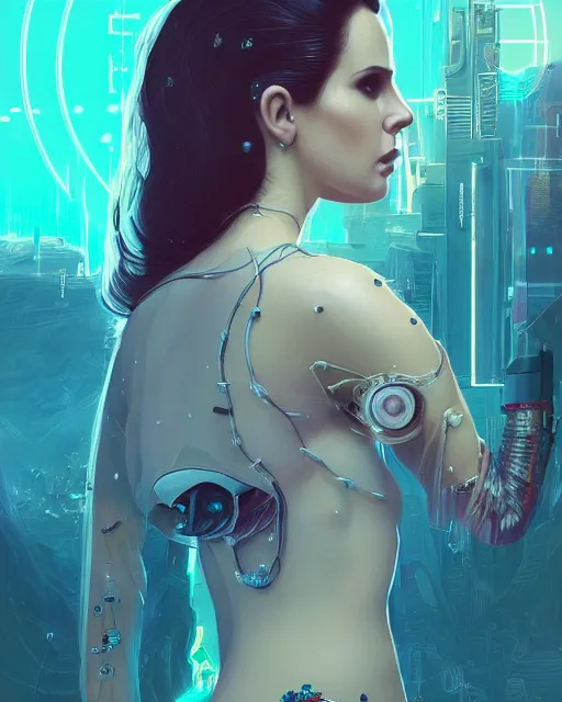 Image similar to portrait of lana del rey as a cyberpunk cyborg. roses, sci - fi, missing panels, intricate abstract upper body intricate artwork, by tooth wu, wlop, beeple, dan mumford. concept art, octane render, deviantart, greg rutkowski, cinematic, key art, hyperrealism, iridescent accents