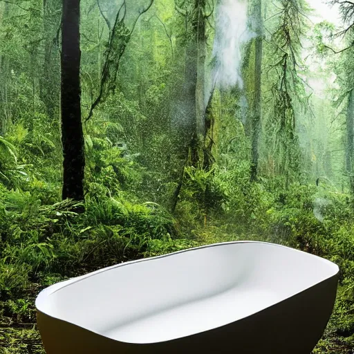 Image similar to pristine porcelain bath filled with bubbles in a clearcut rainforest, slash and burn, cleared forest, deforestation, bubble bath, tree stumps, smouldering charred timber