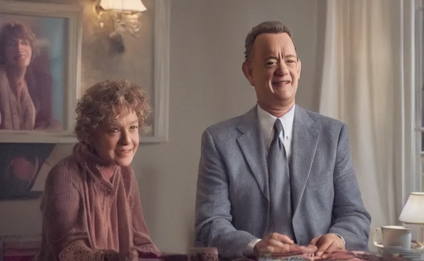 Prompt: Tom Hanks dressed as a woman as my mom, movie still frame, oscar nominated cinematography, volumetric lighting, 8k resolution, beautiful composition