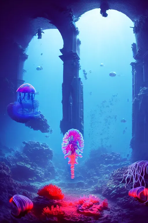 Image similar to high quality photo of cinematic underwater dystopian cyber - gothic cathedral ruins with giant bioluminescent colorful mutant plants and cyborg jellyfish, digital art masterpiece, aykut aydogdu eric zener, dramatic volumetric light, extreme long shot, ground angle uhd 8 k, sharp focus