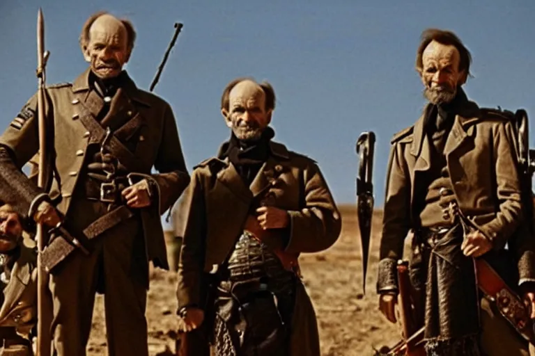 Prompt: William Tecumseh Sherman and Abraham Lincoln in the movie Mad Max Road Warrior, screenshot, cinematic Eastman 5384 film