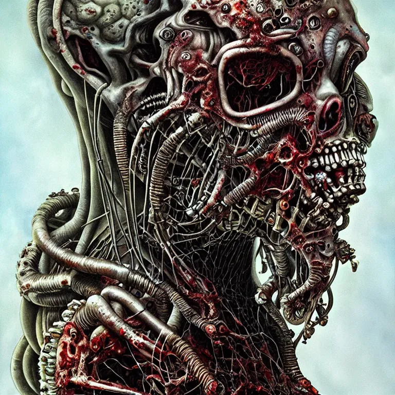 Prompt: cover art, biopunk. zombies, toxic mutation, biomechanical, herman nitsch, giger. airbrush, high detail.