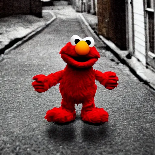 Prompt: Elmo in real life shooting up heroin in the back alley, gloomy and depressing, hyper realistic, 8k resolution, sharp focus