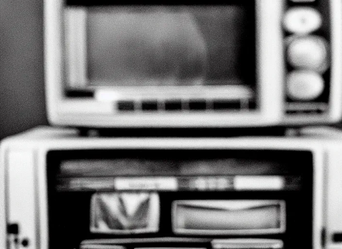 Image similar to high resolution black and white portrait with a 3 5 mm f / 5. 0 lens of a vintage 1 9 8 4 television set with soviet union test card signal interference. a bit of a person can be seen on the screen.