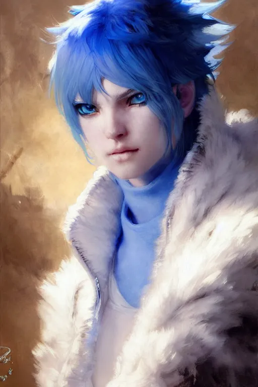 Image similar to white haired catgirl with bright blue eyes in sportswear portrait dnd, painting by gaston bussiere, craig mullins, greg rutkowski, yoji shinkawa