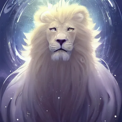 Prompt: aesthetic portrait commission of a albino male furry anthro lion floating inside a floating soap bubble in a blue cloudy sky with clouds orbiting the bubble like a planet, minimalistic art, hyperdetailed. Character design by charlie bowater, ross tran, artgerm, and makoto shinkai, detailed, inked, western comic book art, 2021 award winning painting