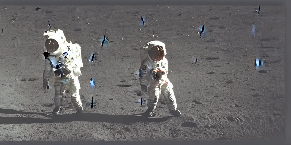 Image similar to polaroid photo of spaceman landing on the moon