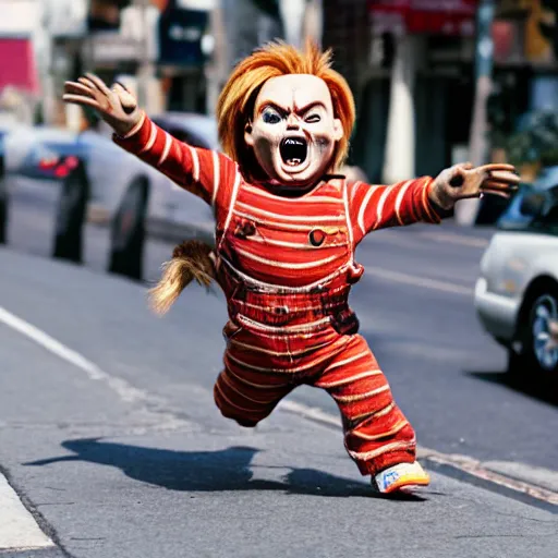 Prompt: chucky doll chasing himself down the street while screaming