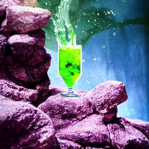 Image similar to a closeup photorealistic photograph of a rock tower with some leaves, fantastic four theme. icy colorful drink. bright scene. fine detail. this 4 k hd image is trending on artstation, featured on behance, well - rendered, extra crisp, features intricate detail, epic composition and the style of unreal engine.