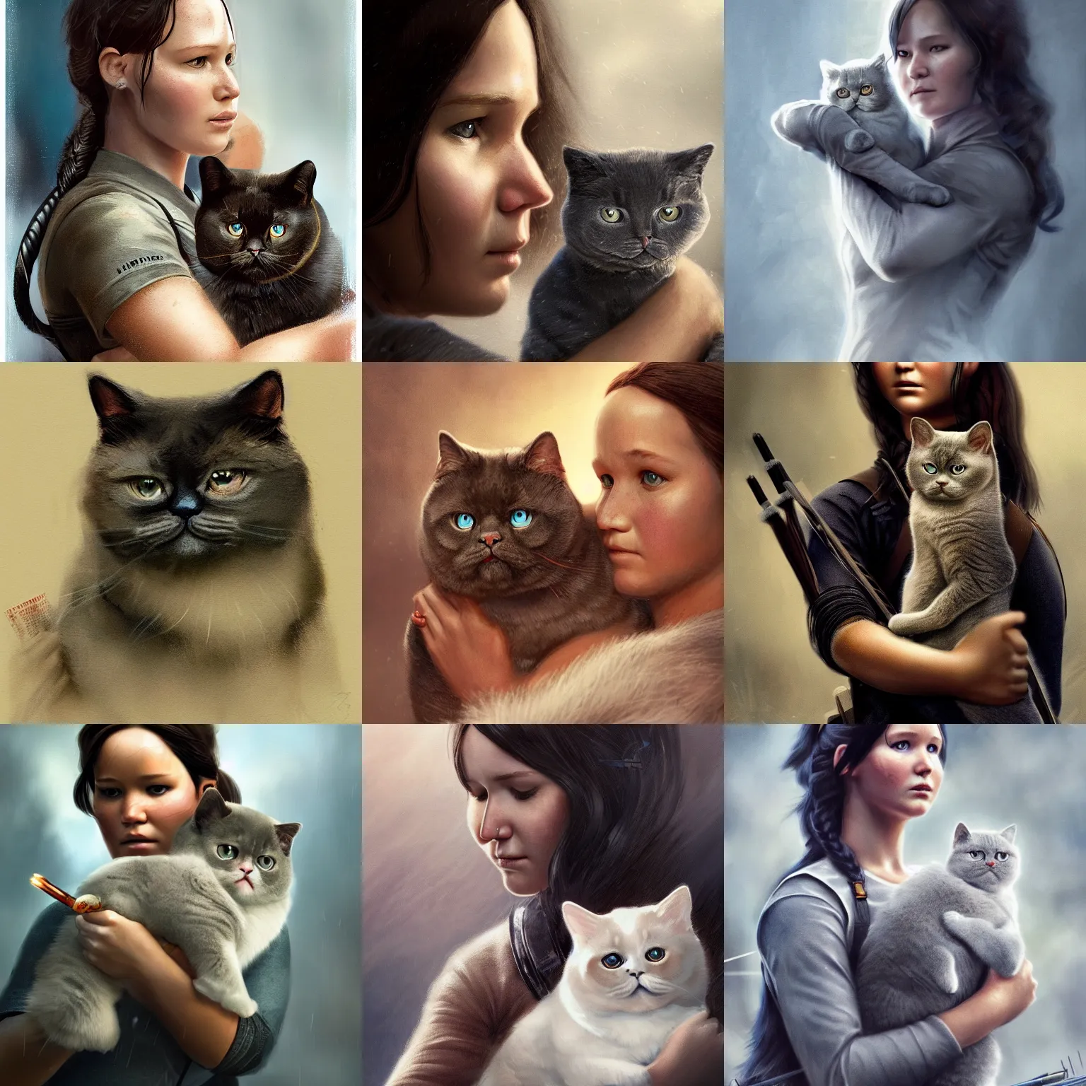 Prompt: Katniss Everdeen holding a British blue shorthair cat in her arms, closeup of arms, digital portrait by Greg Rutkowski, intricate, sharp focus, cinematic, epic, artstation