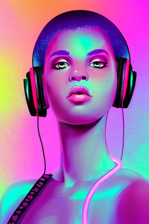 Image similar to a award winning half body portrait of a beautiful woman with stunning eyes in a croptop and cargo pants with ombre purple pink teal hairstyle with headphones on her ears by thomas danthony, surrounded by whirling illuminated lines, outrun, vaporware, shaded flat illustration, digital art, trending on artstation, highly detailed, fine detail, intricate