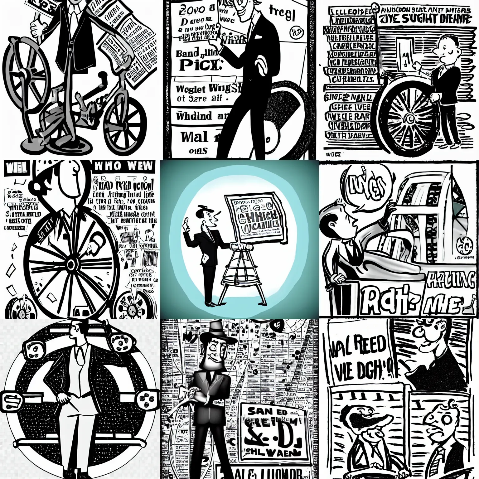 Prompt: well dressed man spinning price is right wheel, cartoon,newspaper illustration , b&w