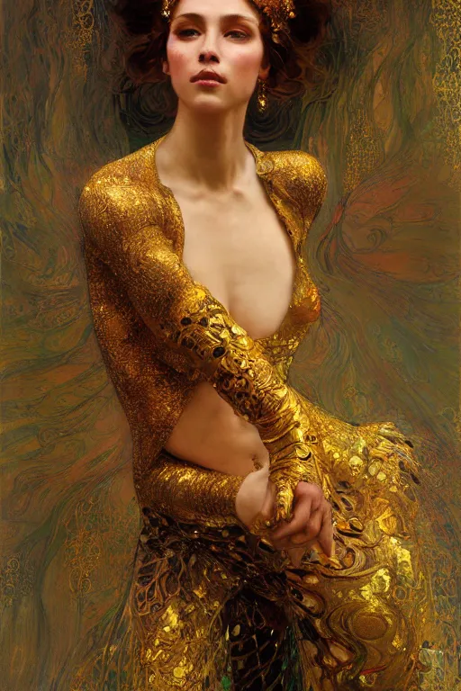 Prompt: an intricate artistic pose painting of a beautiful young muse with an artistic sensual pose with klimt golden motives and textures, hyper detailed, ornamental gold headpiece, octane render, vivid colors, artstation, by jeremy mann, by alphonse mucha, by boris vallejo