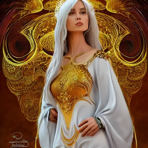 Image similar to a beautiful woman wearing white kaftan with golden ornaments by alex gray and android jones , Karol Bak, Ayami Kojima, Amano , concept art, character design, fantasy,3D, 8k resolution