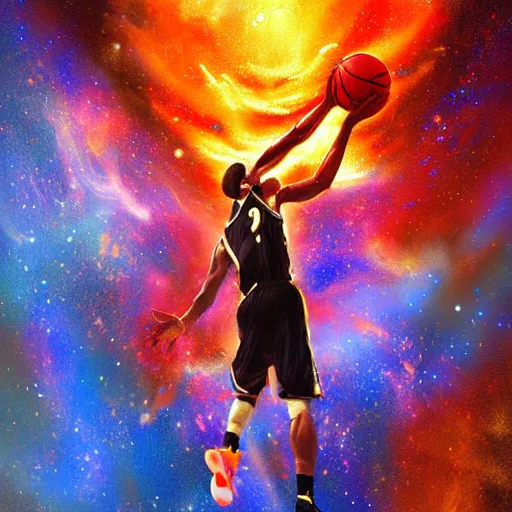 Image similar to Expressive painting of a basketball player dunking, depicted as an explosion of a nebula, digital art by Ross Tran, trending on artstation