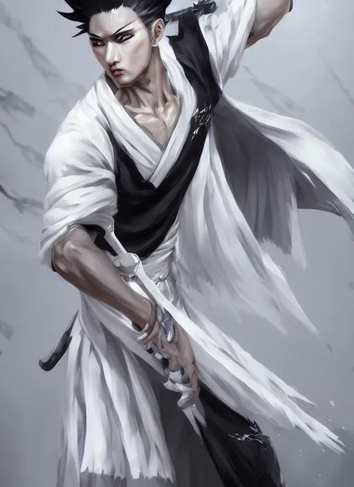 Image similar to a highly detailed illustration of fierce short white haired attractive young japanese man wearing white hakama, black sclera! eyes, dramatic pose, muscular, intricate, elegant, highly detailed, centered, digital painting, artstation, concept art, smooth, sharp focus, league of legends concept art, wlop