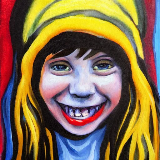 Image similar to painting of a emo girl with a eerily large smile, showing teeth, beanie, impressionist style