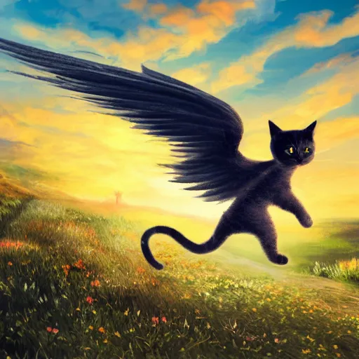 Image similar to a photograph of cute cat with wings flying towards the sunset, highly detailed, symmetric, artstation, precise, photorealistic, impressionism style