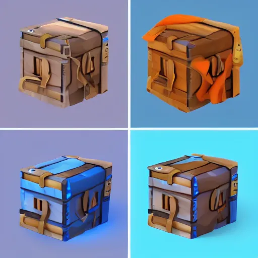 Image similar to cubby crate 3 d icons for mobile game, stylized, blue scheme, octane render