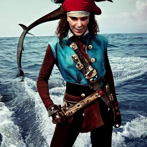 Image similar to a Swashbuckling pirate wearing her best shark skin, photo by annie Leibowitz