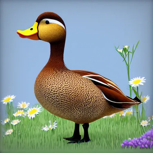 Prompt: A 3d render of a duck walking through a field of daisies, lots of little daisies, digital art