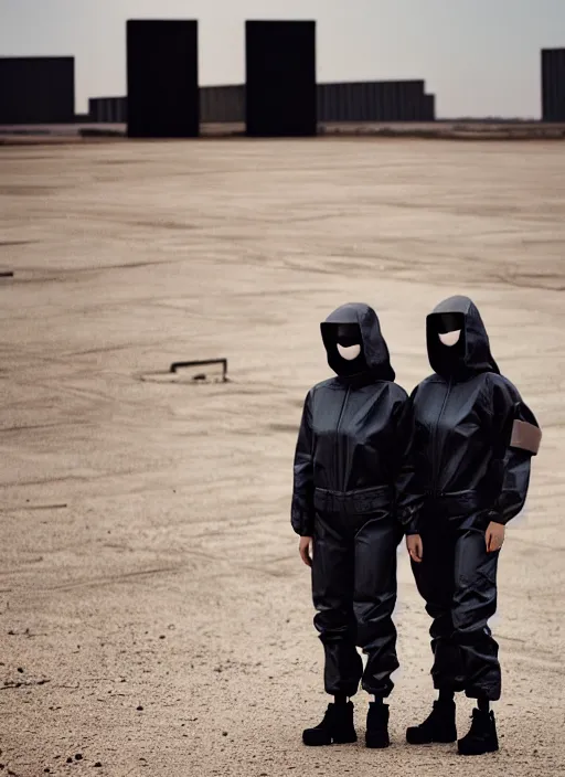 Image similar to cinestill 5 0 d photographic portrait of two clones, techwear women on a desolate plain, a brutalist metal building in the background, depth of field, 4 k, 8 k, hd, full color