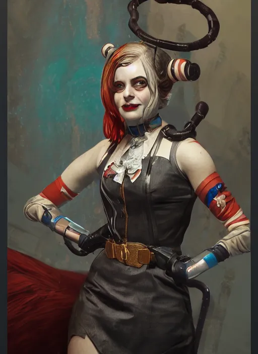 Prompt: bioshock victorian portrait of harley quinn, au naturel, hyper detailed, digital art, trending in artstation, cinematic lighting, studio quality, smooth render, unreal engine 5 rendered, octane rendered, art style by klimt and nixeu and ian sprigger and wlop and krenz cushart